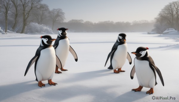 standing,outdoors,day,looking at another,tree,no humans,shadow,bird,animal,snow,animal focus,winter,bare tree,penguin,sky,scenery,walking,flock