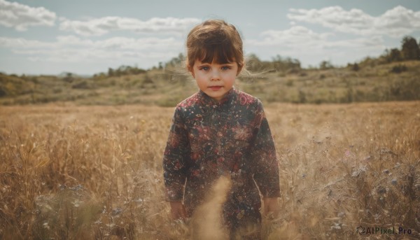 1girl,solo,looking at viewer,short hair,bangs,blue eyes,brown hair,shirt,long sleeves,1boy,closed mouth,standing,flower,male focus,outdoors,sky,day,cloud,blurry,blue sky,depth of field,blurry background,cloudy sky,child,scenery,realistic,field,dress,grass,dog