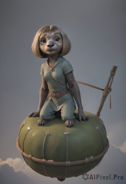 1girl,solo,breasts,looking at viewer,smile,short hair,simple background,brown hair,shirt,animal ears,brown eyes,sitting,full body,weapon,short sleeves,small breasts,barefoot,belt,pants,grey background,rope,furry,green shirt,furry female,brown belt,explosive,green pants,tail,parted lips,teeth,dog ears,claws,dog,dog tail,realistic,dog girl