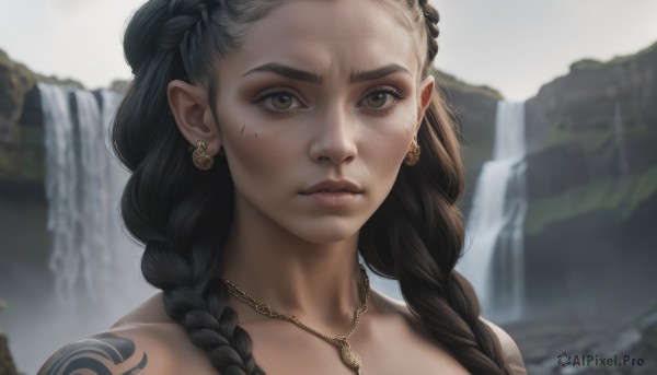 1girl,solo,long hair,looking at viewer,brown hair,black hair,brown eyes,jewelry,closed mouth,braid,earrings,outdoors,water,necklace,mole,blurry,twin braids,lips,tattoo,blurry background,portrait,hair over shoulder,forehead,freckles,realistic,nose,waterfall,green eyes,collarbone,close-up