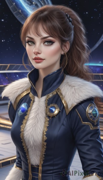 1girl,solo,long hair,breasts,looking at viewer,brown hair,brown eyes,jewelry,jacket,upper body,ponytail,earrings,parted lips,lips,fur trim,makeup,lipstick,gem,star (sky),freckles,science fiction,realistic,nose,red lips,eyeliner,space,planet,earth (planet),spacecraft,bangs,medium breasts,sky,artist name,uniform,military,eyelashes,military uniform,eyeshadow,starry sky,fur collar,emblem