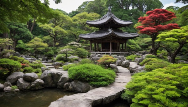 outdoors,sky,day,cloud,water,tree,no humans,grass,building,nature,scenery,forest,rock,road,bush,architecture,east asian architecture,river,shrine,path,stone,pond,stone lantern