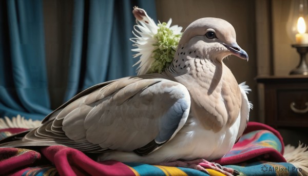 HQ,blue eyes,flower,lying,indoors,blurry,black eyes,no humans,depth of field,blurry background,bird,animal,feathers,plant,curtains,realistic,candle,animal focus,carpet,rug,solo,pillow,bed,candlestand