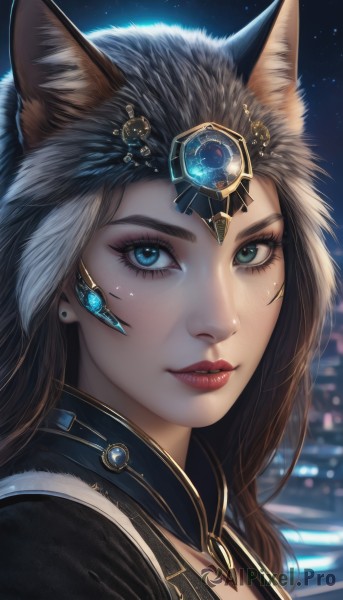 1girl,solo,long hair,looking at viewer,blue eyes,brown hair,animal ears,jewelry,green eyes,earrings,parted lips,sky,artist name,cat ears,signature,mole,blurry,lips,animal ear fluff,fox ears,eyelashes,mole under eye,makeup,night,blurry background,heterochromia,lipstick,gem,portrait,star (sky),starry sky,freckles,realistic,nose,red lips,ears through headwear,black hair,hair ornament,outdoors,depth of field,thick eyebrows,night sky,close-up,circlet,headpiece,eyeliner,mascara