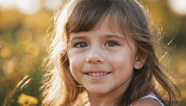 1girl,solo,long hair,looking at viewer,smile,bangs,brown hair,brown eyes,jewelry,flower,earrings,outdoors,teeth,grin,blurry,black eyes,lips,depth of field,blurry background,portrait,realistic,nose,bokeh,messy hair,close-up