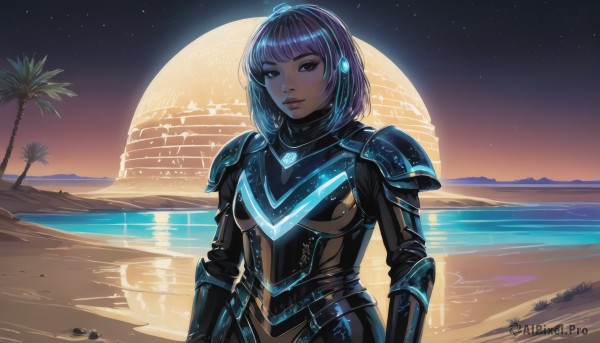 1girl,solo,breasts,looking at viewer,smile,short hair,bangs,brown eyes,blue hair,upper body,purple hair,multicolored hair,outdoors,sky,blunt bangs,water,armor,black eyes,dark-skinned female,tree,lips,bodysuit,night,glowing,ocean,beach,moon,bob cut,shoulder armor,star (sky),night sky,starry sky,backlighting,science fiction,pauldrons,breastplate,nose,sand,palm tree,power armor,neon trim,headphones,full moon,horizon