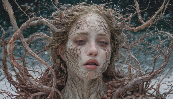 1girl,solo,long hair,looking at viewer,blue eyes,blonde hair,outdoors,parted lips,teeth,blurry,tree,lips,blurry background,portrait,realistic,branch,bare tree,horror (theme),brown hair,grey eyes,eyelashes,mole under mouth,snow