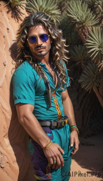 solo,long hair,looking at viewer,smile,brown hair,shirt,black hair,1boy,jewelry,standing,short sleeves,male focus,cowboy shot,outdoors,parted lips,day,belt,pants,dark skin,necklace,bracelet,tree,lips,shadow,facial hair,wavy hair,sunglasses,dark-skinned male,ring,blue shirt,beard,zipper,curly hair,bulge,black belt,realistic,mustache,palm tree,overalls,against wall,chest hair,jumpsuit,holding,shiny,knife,denim,wristband,jeans,stubble,holding knife,multiple rings,arm hair,aqua shirt,hawaiian shirt