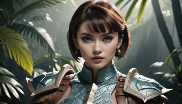 1girl,solo,looking at viewer,short hair,bangs,brown hair,brown eyes,jewelry,closed mouth,upper body,earrings,outdoors,armor,blurry,tree,lips,grey eyes,eyelashes,makeup,blurry background,leaf,bob cut,plant,lipstick,shoulder armor,portrait,nature,forest,pauldrons,breastplate,nose,red lips,shoulder pads,parted lips,sunlight,realistic