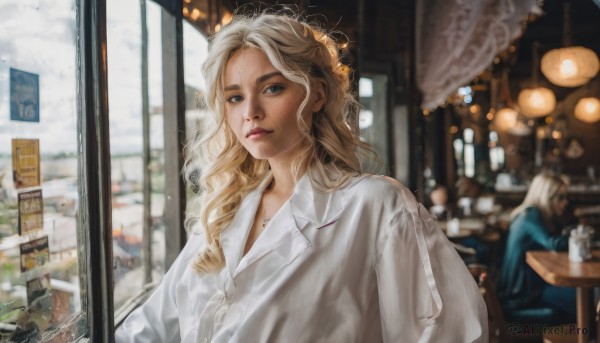 1girl,long hair,looking at viewer,blue eyes,blonde hair,shirt,1boy,jewelry,sitting,white shirt,upper body,solo focus,collared shirt,indoors,signature,necklace,blurry,cup,lips,window,depth of field,blurry background,wavy hair,chair,table,curly hair,realistic,nose,restaurant,solo,multiple girls,2girls,closed mouth,thick eyebrows,blouse,building,city,light