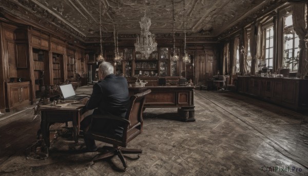 solo,short hair,long sleeves,1boy,sitting,jacket,white hair,grey hair,male focus,day,pants,indoors,from behind,black footwear,cup,black jacket,book,window,chair,black pants,formal,table,suit,scenery,desk,wooden floor,paper,facing away,lamp,computer,wide shot,laptop,ceiling,carpet,ceiling light,cabinet,chandelier,office,beard,candle,old,old man