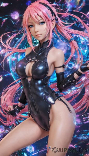 1girl,solo,long hair,breasts,looking at viewer,bangs,blue eyes,large breasts,gloves,cleavage,bare shoulders,twintails,medium breasts,very long hair,pink hair,thighs,hairband,detached sleeves,black gloves,elbow gloves,shiny,fingerless gloves,leotard,lips,clothing cutout,covered navel,cleavage cutout,black leotard,skin tight,highleg leotard,zipper,smile,hair between eyes,closed mouth,sidelocks,cowboy shot,signature,shiny skin,floating hair,highleg,arm strap,planet