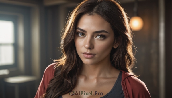 1girl,solo,long hair,breasts,looking at viewer,smile,brown hair,cleavage,brown eyes,closed mouth,collarbone,jacket,upper body,open clothes,indoors,blurry,lips,depth of field,blurry background,wavy hair,portrait,red jacket,forehead,freckles,realistic,nose,jewelry,earrings,eyelashes,thick eyebrows,backlighting,light