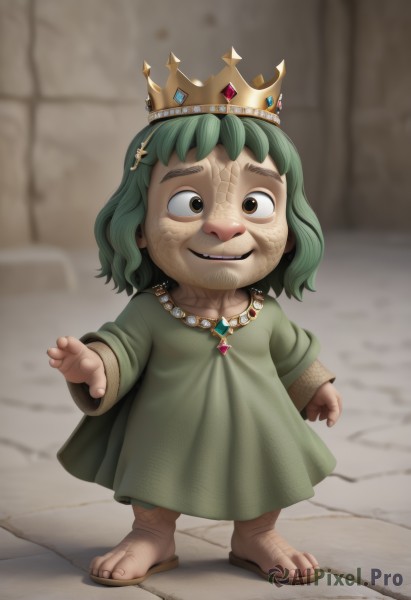 solo,looking at viewer,smile,long sleeves,1boy,dress,brown eyes,jewelry,standing,full body,male focus,parted lips,green hair,medium hair,necklace,blurry,blurry background,facial hair,scar,parody,sandals,crown,gem,child,green dress,female child,male child,wrinkled skin,1girl,short hair,hair ornament,barefoot,teeth,freckles,realistic