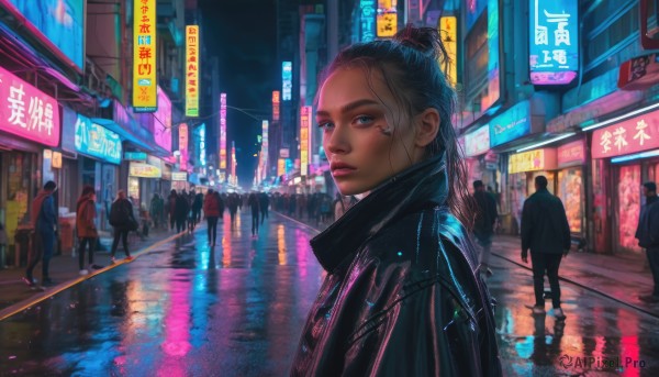 1girl, long hair, looking at viewer, blue eyes, black hair, jacket, outdoors, parted lips, solo focus, lips, night, building, scenery, reflection, city, sign, realistic, nose, road, crowd, cyberpunk, neon lights, people