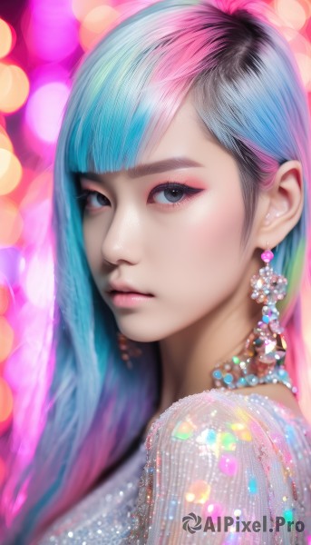 1girl,solo,long hair,looking at viewer,bangs,blue eyes,black hair,jewelry,closed mouth,blue hair,upper body,pink hair,multicolored hair,earrings,blunt bangs,necklace,blurry,black eyes,from side,two-tone hair,lips,eyelashes,aqua hair,makeup,gem,portrait,eyeshadow,realistic,nose,eyeliner,looking to the side,grey eyes,gradient hair,depth of field,watermark,expressionless,web address,bokeh,mascara,pearl (gemstone)