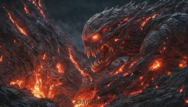 open mouth, teeth, no humans, glowing, fangs, fire, sharp teeth, glowing eyes, monster, scales, molten rock, kaijuu