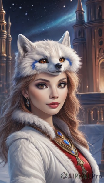 1girl,solo,long hair,breasts,looking at viewer,smile,brown hair,hat,brown eyes,jewelry,medium breasts,closed mouth,upper body,earrings,outdoors,sky,artist name,hood,necklace,lips,coat,fur trim,eyelashes,makeup,night,lipstick,brooch,building,gem,star (sky),night sky,snow,eyeshadow,starry sky,snowing,nose,white coat,winter clothes,red lips,animal hat,pelt,signature,red dress,realistic,castle