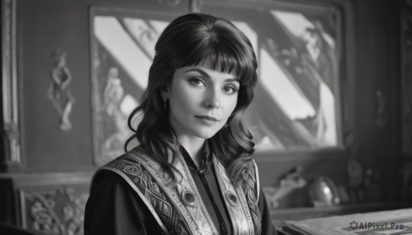 1girl,solo,long hair,looking at viewer,smile,bangs,jewelry,closed mouth,monochrome,upper body,greyscale,earrings,indoors,blunt bangs,blurry,lips,blurry background,realistic,nose,painting (object),dress,eyelashes,depth of field,chinese clothes