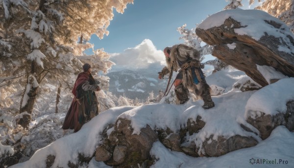 short hair,brown hair,black hair,gloves,1boy,holding,standing,weapon,male focus,boots,outdoors,multiple boys,sky,day,sword,cloud,2boys,cape,armor,tree,blue sky,fur trim,nature,scenery,snow,shield,rock,mountain,fantasy,axe,winter,bag,backpack,robe