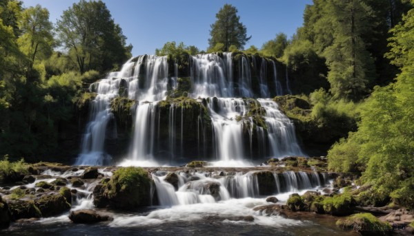 outdoors,sky,day,water,tree,blue sky,no humans,plant,nature,scenery,forest,mountain,river,waterfall,moss,rock,bush,landscape