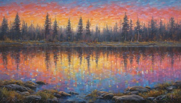 outdoors,sky,cloud,water,tree,no humans,traditional media,cloudy sky,grass,nature,scenery,forest,reflection,rain,sunset,rock,ripples,river,twilight,evening,lake,gradient sky,orange sky,red sky,pond,reflective water,plant,mountain,landscape,acrylic paint (medium)