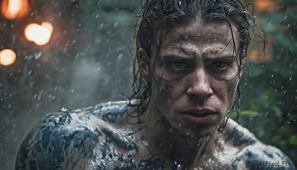 1girl,solo,looking at viewer,black hair,1boy,closed mouth,male focus,outdoors,parted lips,blurry,black eyes,lips,wet,depth of field,blurry background,messy hair,portrait,wet clothes,rain,realistic,wet hair,short hair,upper body,scar,scar on face,snowing