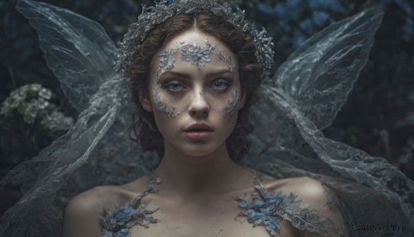 1girl,solo,looking at viewer,short hair,blue eyes,brown hair,hair ornament,bare shoulders,closed mouth,collarbone,upper body,wings,mole,blurry,lips,grey eyes,blurry background,portrait,veil,freckles,realistic,fairy,straight-on,long hair,dress,jewelry,necklace,eyelashes,makeup