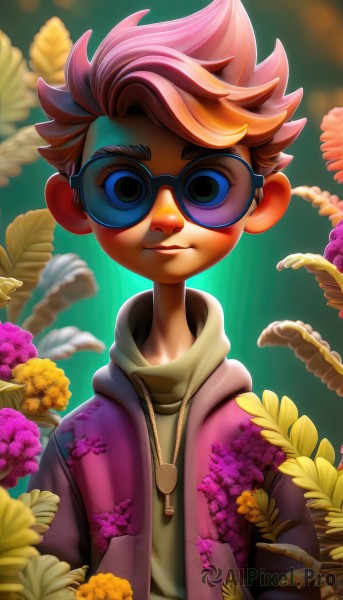 solo,looking at viewer,smile,short hair,blue eyes,shirt,1boy,closed mouth,jacket,upper body,pink hair,flower,male focus,open clothes,glasses,artist name,hood,blurry,open jacket,hoodie,leaf,hood down,spiked hair,goggles,green background,purple flower,drawstring,brown hair,necklace,lips,depth of field,watermark,sunglasses,backlighting,freckles,floral background