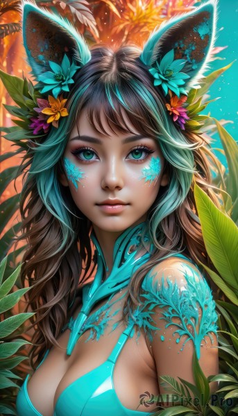 1girl,solo,long hair,breasts,looking at viewer,bangs,large breasts,brown hair,black hair,hair ornament,animal ears,cleavage,bare shoulders,medium breasts,closed mouth,green eyes,upper body,flower,multicolored hair,outdoors,parted lips,shiny,artist name,hair flower,dark skin,aqua eyes,dark-skinned female,lips,animal ear fluff,fox ears,eyelashes,aqua hair,makeup,leaf,watermark,facial mark,plant,lipstick,web address,eyeshadow,blue flower,pink lips,nose,eyeliner,mascara,blue eyes,jewelry,underwear,green hair,signature,necklace,bra,from side,tree,nature,purple flower,strap gap,facepaint,blue bra