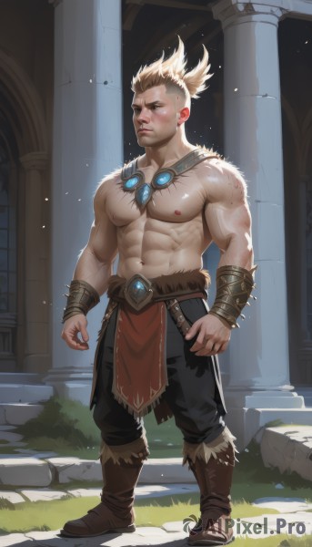 solo,short hair,blonde hair,1boy,navel,jewelry,nipples,standing,full body,male focus,boots,outdoors,pants,artist name,necklace,stomach,bracelet,muscular,facial hair,scar,brown footwear,black pants,abs,thick eyebrows,pectorals,muscular male,spiked hair,bara,scar on face,large pectorals,topless male,mature male,manly,pillar,biceps,thick arms,blue eyes,earrings,belt,fur trim,tattoo,goggles,pelvic curtain,realistic,bare pectorals