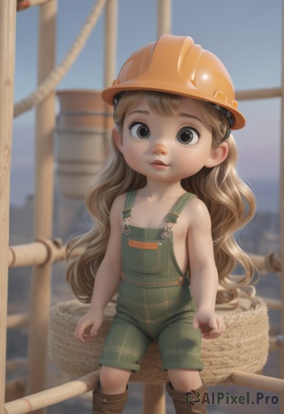 1girl,solo,long hair,looking at viewer,blonde hair,brown hair,hat,brown eyes,standing,boots,outdoors,parted lips,blurry,black eyes,flat chest,lips,loli,blurry background,brown footwear,helmet,child,freckles,basket,overalls,naked overalls,net,hardhat,open mouth,very long hair,nipples,wavy hair,aged down,realistic