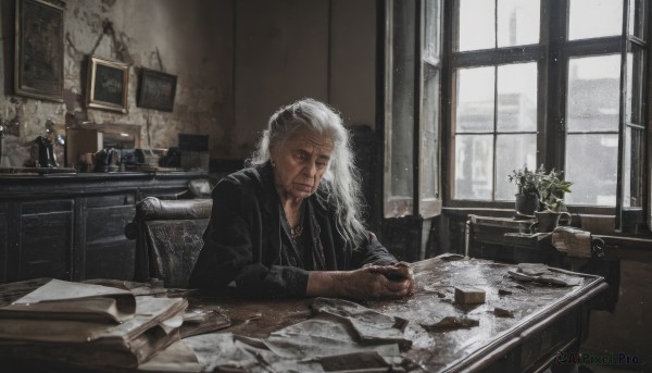 solo,long hair,shirt,long sleeves,1boy,holding,jewelry,sitting,closed mouth,jacket,flower,white hair,grey hair,male focus,day,indoors,necklace,cup,black jacket,book,black shirt,window,facial hair,scar,chair,table,plant,beard,scar on face,desk,paper,realistic,potted plant,photo (object),old,old man,book stack,looking at viewer,earrings,mug,scar across eye,lamp,picture frame,painting (object),picture (object),wrinkled skin,portrait (object)