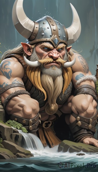 solo,long hair,looking at viewer,blue eyes,1boy,sitting,white hair,male focus,horns,pointy ears,belt,water,armor,tattoo,muscular,facial hair,helmet,beard,rock,mustache,fake horns,horned headwear,horned helmet,bare shoulders,closed mouth,outdoors,teeth,leaf,veins,breastplate,cow horns,arm tattoo,giant,shoulder tattoo,old,old man,waterfall