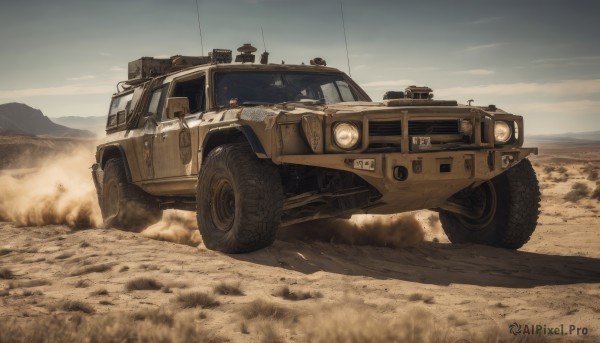 outdoors,sky,day,cloud,blue sky,military,no humans,ground vehicle,scenery,motor vehicle,mountain,sand,car,vehicle focus,desert,dust,wheel,truck,tire,weapon,shadow,smoke,realistic,military vehicle,radio antenna