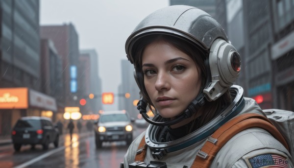 1girl,solo,looking at viewer,brown hair,brown eyes,upper body,outdoors,bag,blurry,lips,depth of field,blurry background,backpack,helmet,ground vehicle,building,portrait,motor vehicle,freckles,science fiction,rain,city,realistic,nose,car,road,american flag,spacesuit,united states,astronaut,short hair,black hair,headphones,headset,street