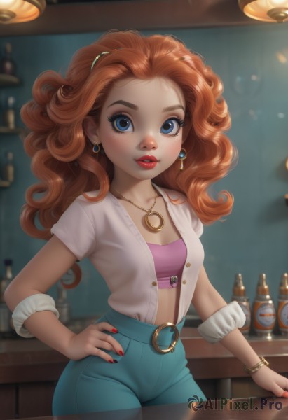 1girl,solo,long hair,breasts,looking at viewer,blue eyes,brown hair,shirt,cleavage,jewelry,collarbone,short sleeves,cowboy shot,earrings,small breasts,parted lips,open clothes,midriff,belt,pants,indoors,necklace,nail polish,orange hair,blurry,bracelet,lips,fingernails,hand on hip,eyelashes,open shirt,makeup,blurry background,wavy hair,bottle,denim,lipstick,red nails,alcohol,eyeshadow,freckles,curly hair,jeans,unbuttoned,red lips,tube top,petite,mascara,bar (place),counter,high-waist pants,standing,white shirt,red hair,artist name,crop top,strapless,pink shirt,hoop earrings,bangle,body freckles