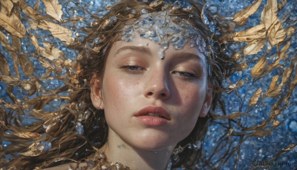 1girl,solo,long hair,looking at viewer,blue eyes,brown hair,parted lips,lips,half-closed eyes,portrait,freckles,crystal,realistic,nose,teeth,black eyes,eyelashes,leaf,branch,gold