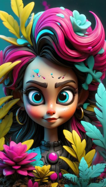 1girl,solo,long hair,looking at viewer,blush,smile,blue eyes,black hair,hair ornament,jewelry,closed mouth,pink hair,flower,multicolored hair,earrings,artist name,signature,hair flower,two-tone hair,aqua eyes,lips,streaked hair,eyelashes,makeup,leaf,watermark,piercing,thick eyebrows,feathers,plant,lipstick,portrait,web address,pink flower,eyeshadow,freckles,hoop earrings,yellow flower,nose,red lips,eyeliner,mascara,upper body,facial mark,gem