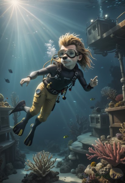 1girl,solo,long hair,smile,brown hair,shirt,brown eyes,boots,belt,pants,water,bag,bodysuit,ocean,sunlight,goggles,ground vehicle,fish,bubble,watch,light rays,underwater,air bubble,watercraft,swimming,submerged,diving mask,turtle,freediving,coral,treasure chest,snorkel,wetsuit,holding breath,diving,short hair,blue eyes,blonde hair,1boy,male focus,shell,ship