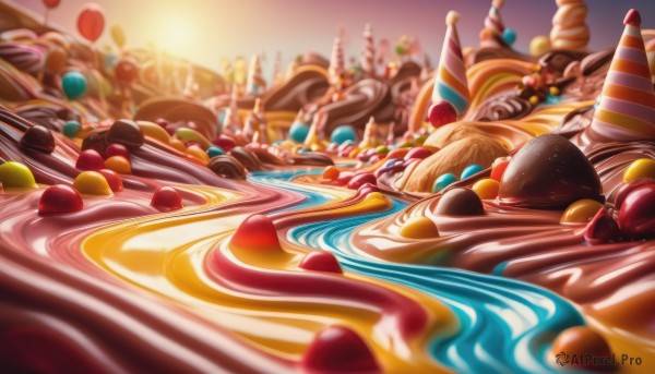 hat,heart,food,blurry,no humans,fruit,depth of field,blurry background,candy,cake,sunset,chocolate,ice cream,strawberry,cherry,food focus,sweets,party hat,icing,water,realistic,sun,balloon,still life