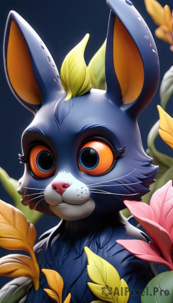 solo,smile,blue eyes,simple background,animal ears,closed mouth,upper body,flower,male focus,outdoors,teeth,artist name,rabbit ears,blurry,no humans,leaf,blue background,bug,plant,portrait,furry,colored sclera,whiskers,buck teeth,looking at viewer,animal,rabbit