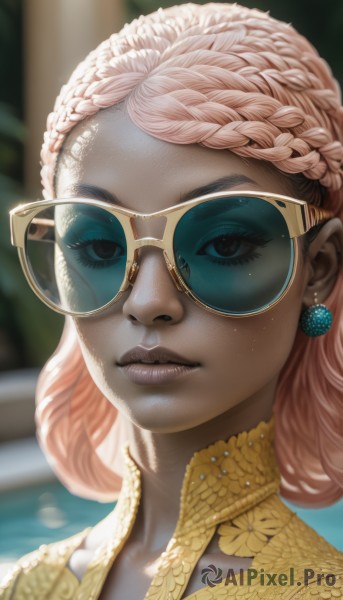 1girl,solo,looking at viewer,brown eyes,jewelry,upper body,pink hair,braid,earrings,parted lips,glasses,artist name,dark skin,blurry,black eyes,dark-skinned female,lips,eyelashes,makeup,blurry background,colored skin,watermark,sunglasses,lipstick,portrait,web address,french braid,eyeshadow,curly hair,realistic,nose,round eyewear,crown braid,tinted eyewear,mascara,yellow-framed eyewear,aviator sunglasses,long hair,closed mouth