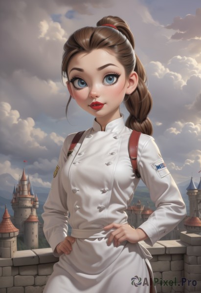 1girl,solo,long hair,breasts,looking at viewer,blush,smile,blue eyes,brown hair,long sleeves,standing,ponytail,braid,cowboy shot,outdoors,parted lips,sky,day,cloud,uniform,apron,blue sky,lips,military,single braid,military uniform,makeup,buttons,cloudy sky,building,freckles,hands on hips,braided ponytail,hair tie,red lips,castle,tower,chef,eyelashes,lipstick,aircraft,nose,eyeliner,brick wall,mascara