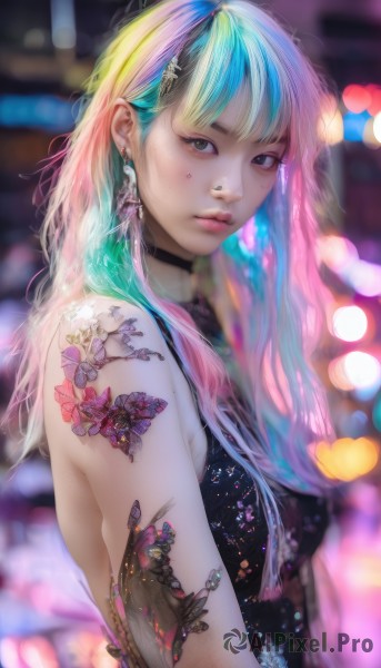 1girl,solo,long hair,breasts,looking at viewer,bangs,hair ornament,bare shoulders,jewelry,closed mouth,blue hair,upper body,pink hair,multicolored hair,earrings,sleeveless,choker,mole,blurry,black eyes,from side,two-tone hair,lips,aqua hair,tattoo,gradient hair,makeup,depth of field,blurry background,black choker,piercing,ear piercing,freckles,realistic,nose,arm tattoo,bokeh,neck tattoo,back tattoo,dress,artist name,black dress,watermark,backless outfit,backless dress