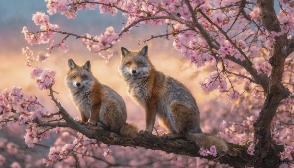 outdoors, sky, blurry, tree, no humans, animal, cat, cherry blossoms, realistic, branch, animal focus, spring (season)