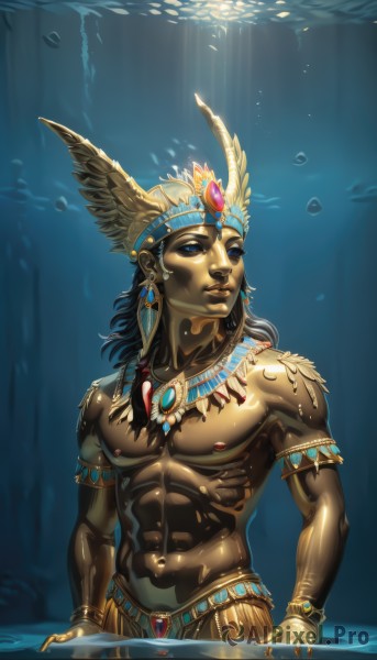 solo,long hair,blue eyes,black hair,1boy,navel,jewelry,nipples,male focus,earrings,dark skin,water,necklace,bracelet,muscular,piercing,abs,dark-skinned male,feathers,pectorals,muscular male,gem,armlet,partially submerged,bubble,topless male,underwater,headdress,egyptian