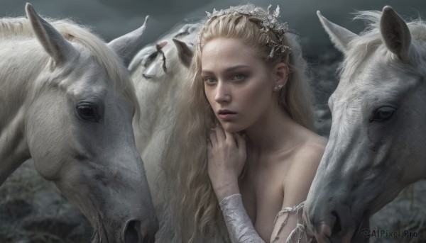 1girl,solo,long hair,looking at viewer,blue eyes,blonde hair,hair ornament,jewelry,upper body,earrings,outdoors,parted lips,blurry,lips,animal,bandages,freckles,realistic,horse,breasts,cleavage,bare shoulders,nude,mole,piercing,ear piercing