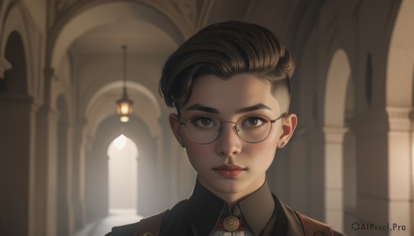 1girl,solo,looking at viewer,short hair,brown hair,shirt,brown eyes,jewelry,closed mouth,earrings,glasses,collared shirt,indoors,mole,blurry,lips,mole under eye,blurry background,portrait,freckles,round eyewear,red lips,stud earrings,undercut,pillar,piercing,nose,very short hair