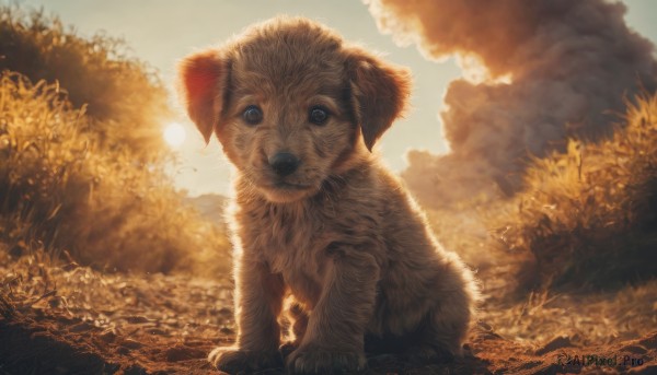 solo,looking at viewer,blue eyes,sitting,closed mouth,full body,outdoors,sky,day,cloud,tree,pokemon (creature),no humans,animal,sunlight,grass,nature,scenery,backlighting,sunset,dog,realistic,sun,animal focus,cloudy sky,plant,bush